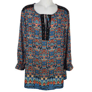Doncaster Collection Blouse XL Tunic Multicolor Print Split V Tie Neck Velvet